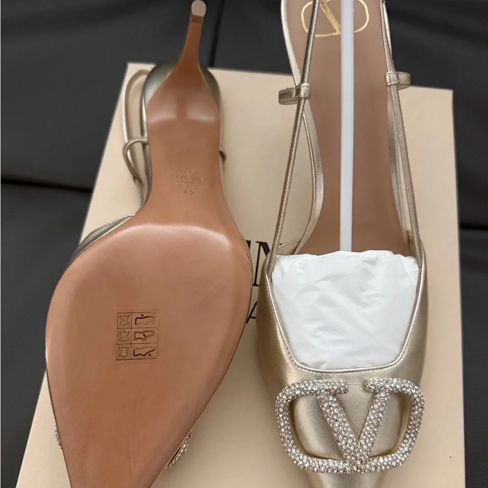 Valentino Garavani Metallic Gold Crystal V-Buckle Slingback Pumps - Picture 2 of 3